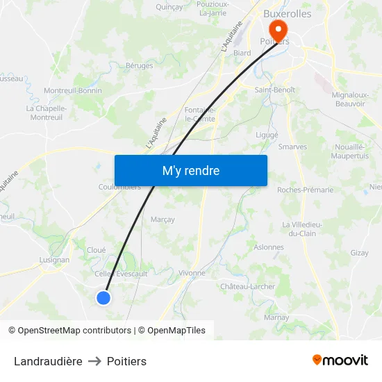 Landraudière to Poitiers map