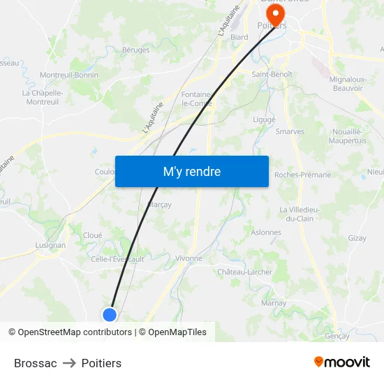 Brossac to Poitiers map