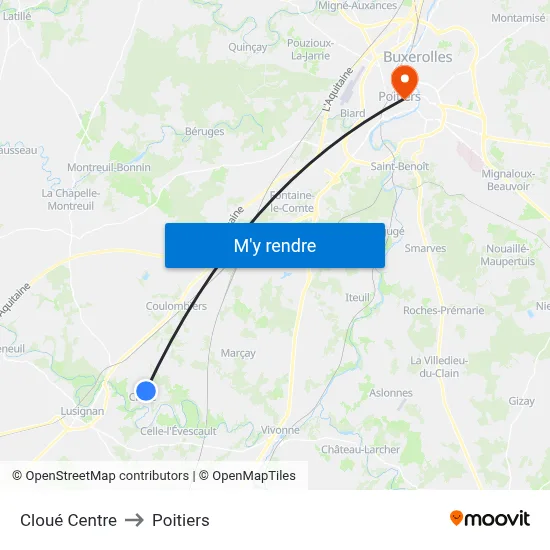 Cloué Centre to Poitiers map