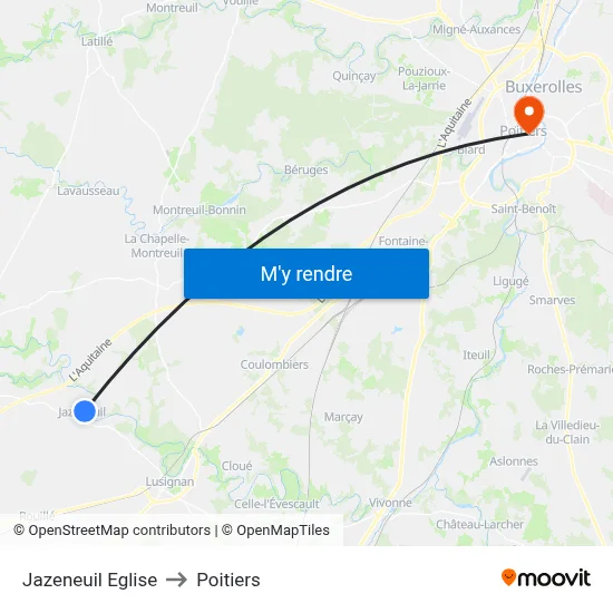 Jazeneuil Eglise to Poitiers map