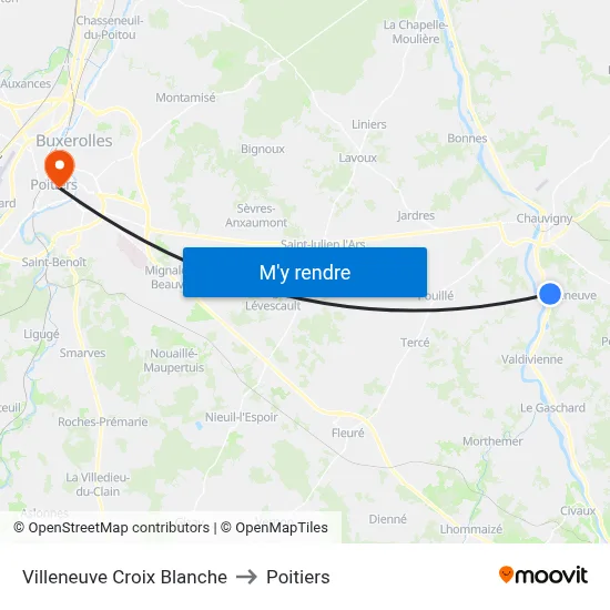 Villeneuve Croix Blanche to Poitiers map