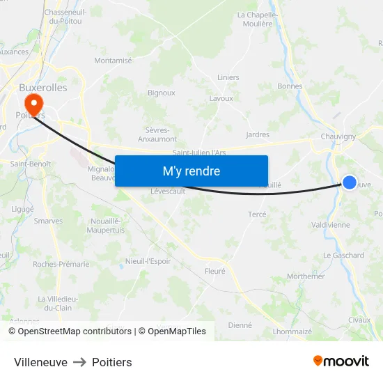 Villeneuve to Poitiers map