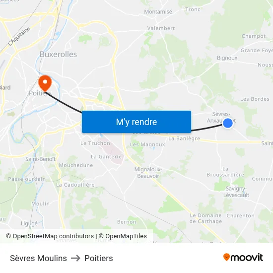 Sèvres Moulins to Poitiers map