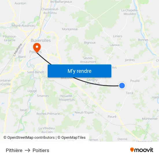Pithière to Poitiers map