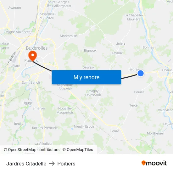 Jardres Citadelle to Poitiers map