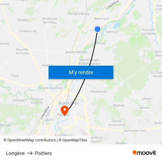 Longève to Poitiers map
