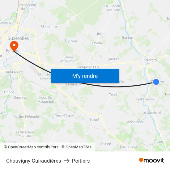 Chauvigny Guiraudières to Poitiers map