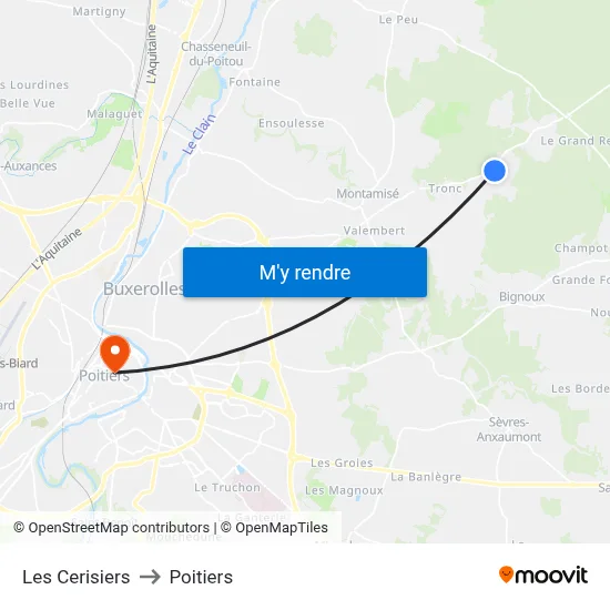 Les Cerisiers to Poitiers map
