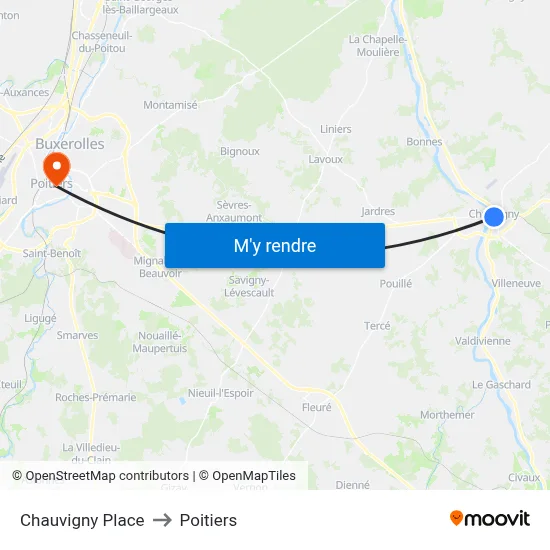 Chauvigny Place to Poitiers map