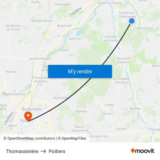 Thomassinière to Poitiers map