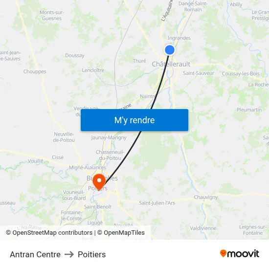 Antran Centre to Poitiers map