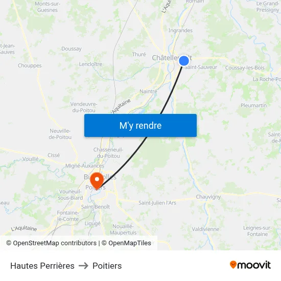 Hautes Perrières to Poitiers map