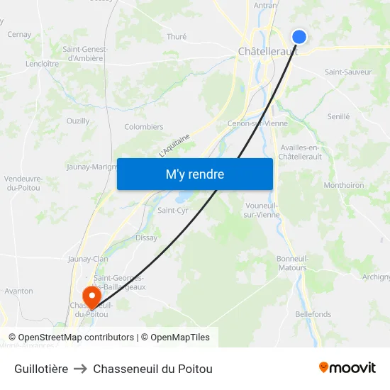 Guillotière to Chasseneuil du Poitou map
