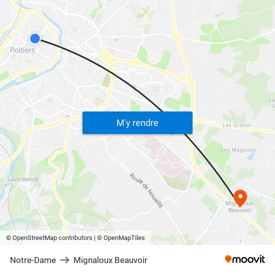 Notre-Dame to Mignaloux Beauvoir map