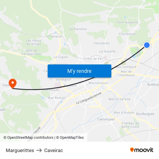 Marguerittes to Caveirac map