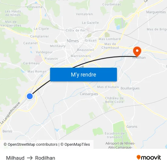 Milhaud to Rodilhan map