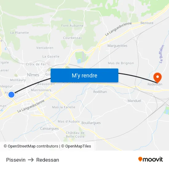 Pissevin to Redessan map
