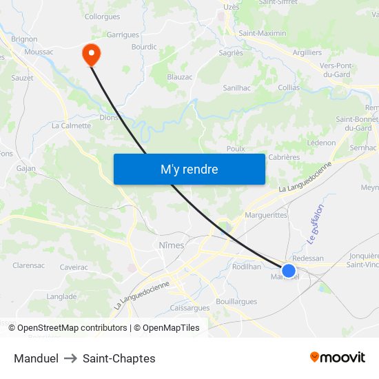 Manduel to Saint-Chaptes map