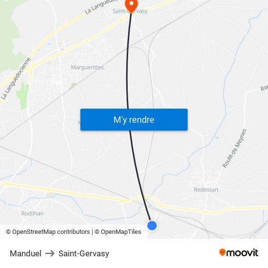 Manduel to Saint-Gervasy map