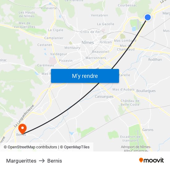 Marguerittes to Bernis map