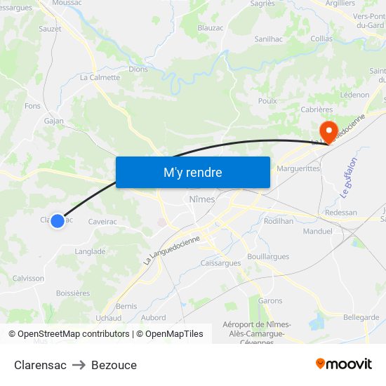 Clarensac to Bezouce map