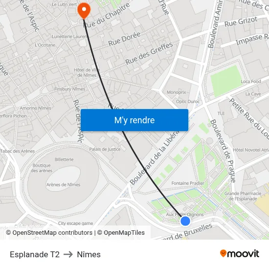 Esplanade T2 to Nîmes map