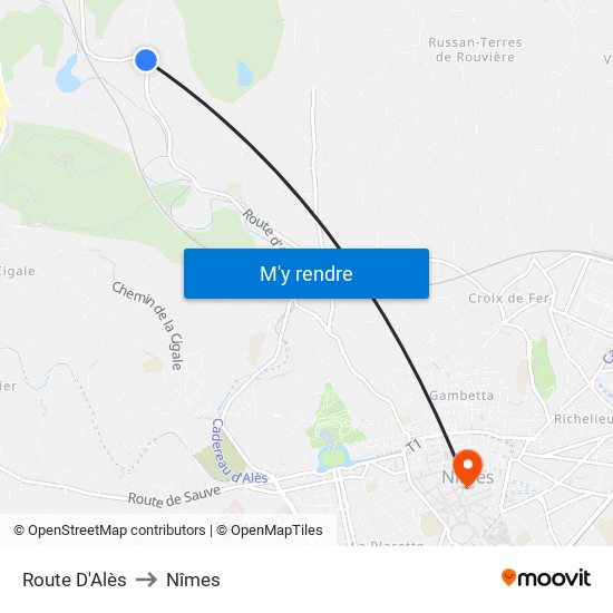 Route D'Alès to Nîmes map