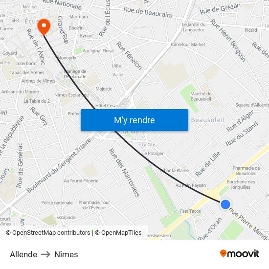 Allende to Nîmes map