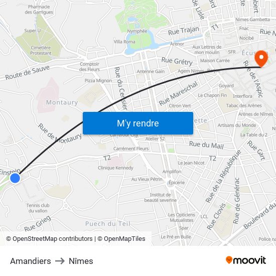 Amandiers to Nîmes map