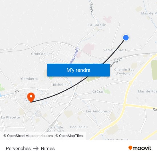 Pervenches to Nîmes map