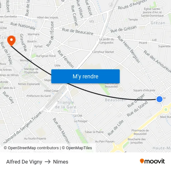 Alfred De Vigny to Nîmes map