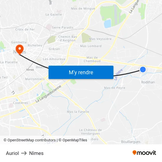 Auriol to Nîmes map