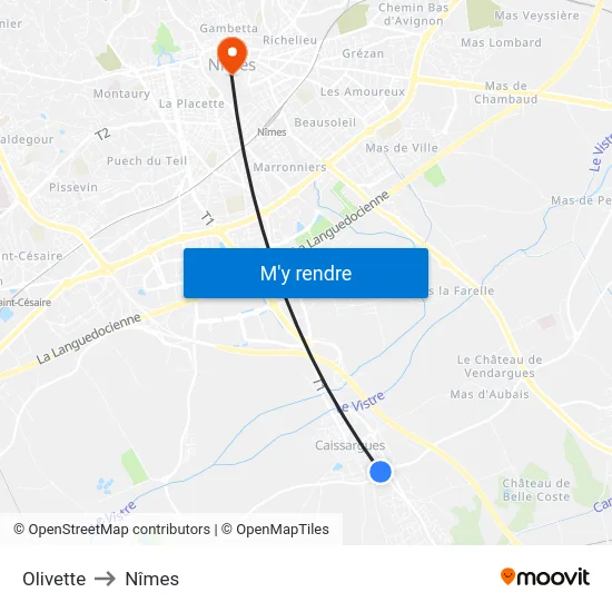 Olivette to Nîmes map