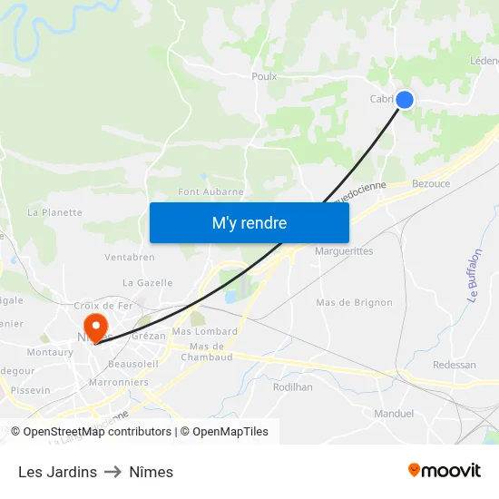 Les Jardins to Nîmes map