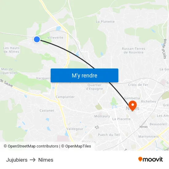 Jujubiers to Nîmes map