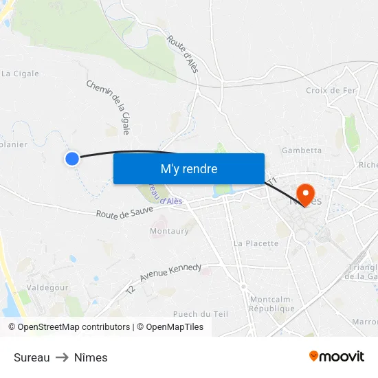 Sureau to Nîmes map