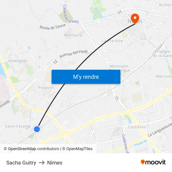 Sacha Guitry to Nîmes map