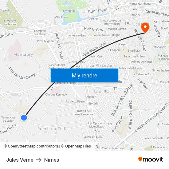 Jules Verne to Nîmes map