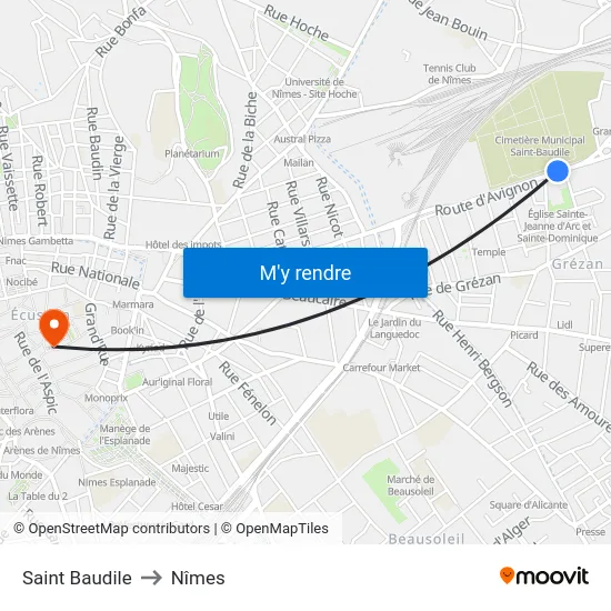 Saint Baudile to Nîmes map