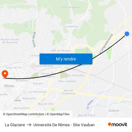 La Glaciere to Université De Nîmes - Site Vauban map