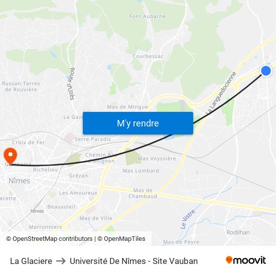 La Glaciere to Université De Nîmes - Site Vauban map