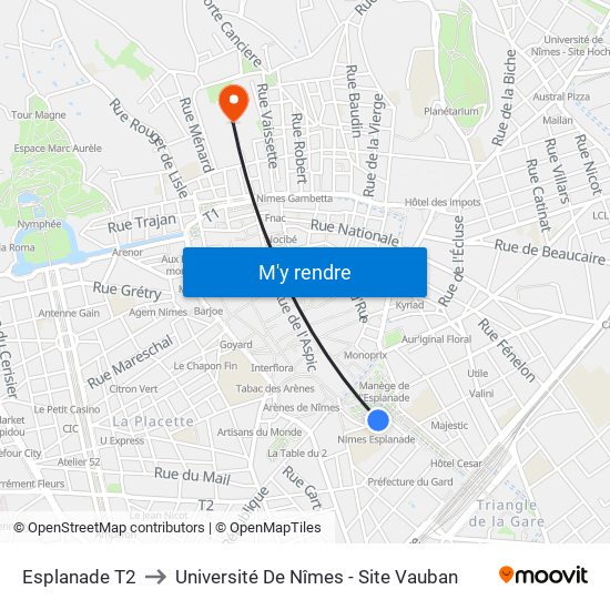 Esplanade T2 to Université De Nîmes - Site Vauban map