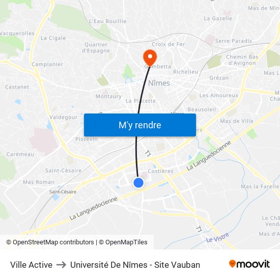 Ville Active to Université De Nîmes - Site Vauban map