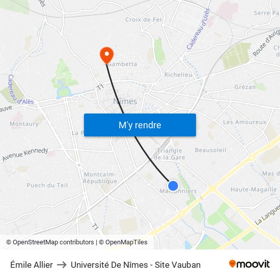 Émile Allier to Université De Nîmes - Site Vauban map
