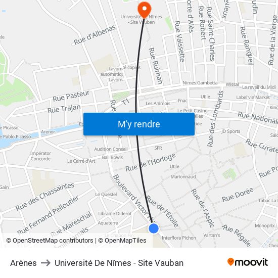 Arènes to Université De Nîmes - Site Vauban map