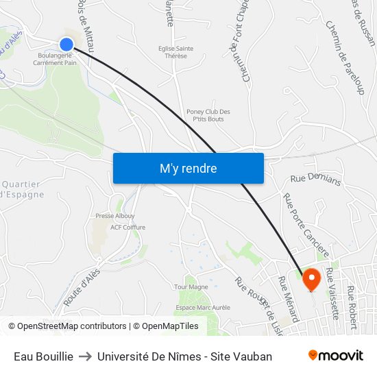 Eau Bouillie to Université De Nîmes - Site Vauban map