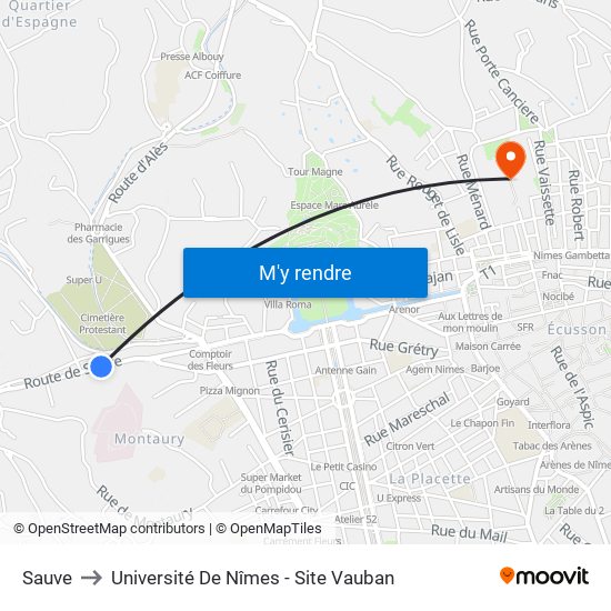 Sauve to Université De Nîmes - Site Vauban map