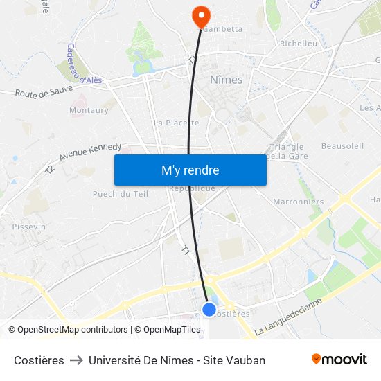 Costières to Université De Nîmes - Site Vauban map