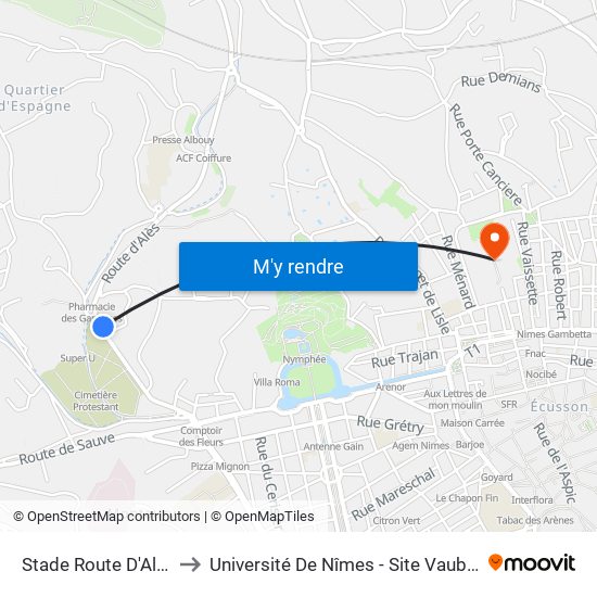 Stade Route D'Ales to Université De Nîmes - Site Vauban map