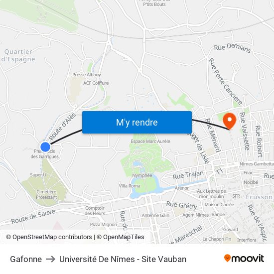 Gafonne to Université De Nîmes - Site Vauban map